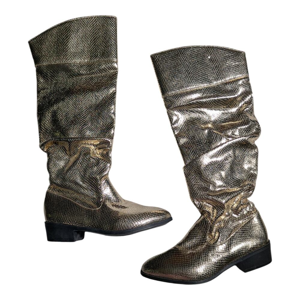Gold Metallic Snakeskin Textured Faux Leather Knee High Scrunch Boots 36 5.5